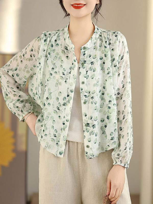 

Женская весенняя блузка с длинным рукавом, тонкая, с цветочным принтом, воротником-стойкой, на одной пуговице, повседневная, универсальная, больших размеров