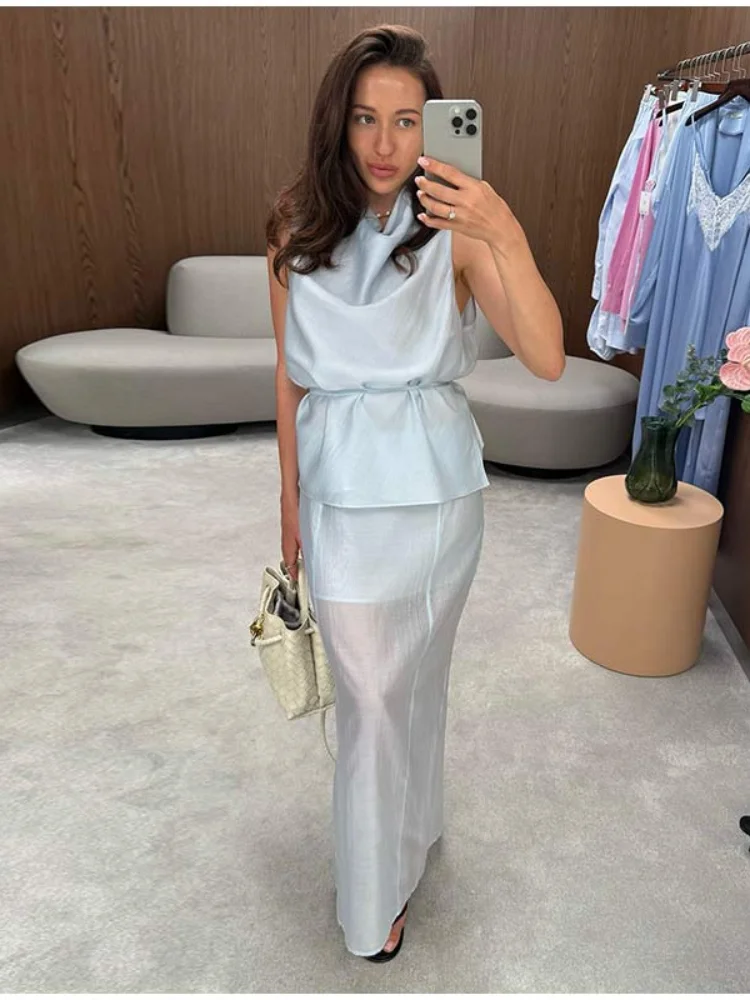 Beach Solid Top Skirt Women Set Sleeveless Stand Collar Belt Blouse Blouse Hip Package Skirts 2026 Summer Autumn Lady Suit New