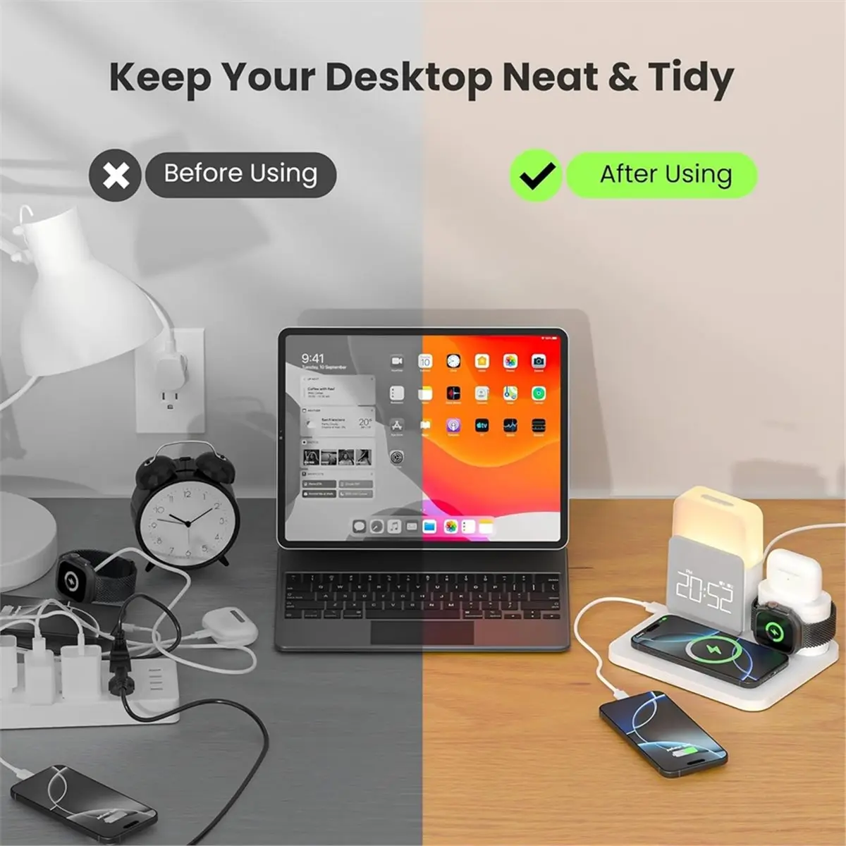 

(ABDH) Многофункциональная зарядная станция 7-в-1 с будильником и беспроводной зарядкой для смартфонов, смарт-часов, наушников и ночником