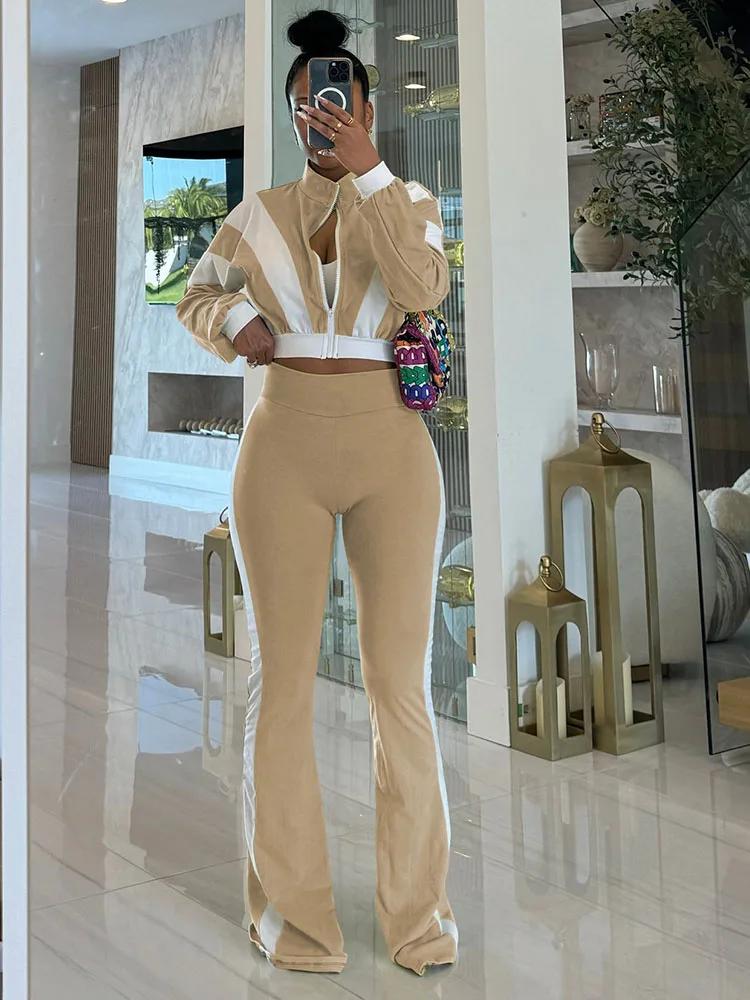 

Autumn Striped Casual Two Piece Set Woman Tracksuit Sports Joggers Zip Long Sleeve Jacket and Flare Pants Matching Sets Outfits