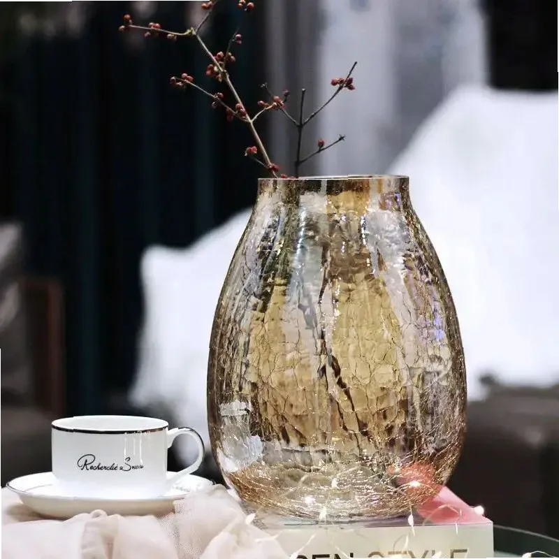 Creative large light luxury cracked ice flower glass vase Liuguang transparent flower ware American home decoration flower