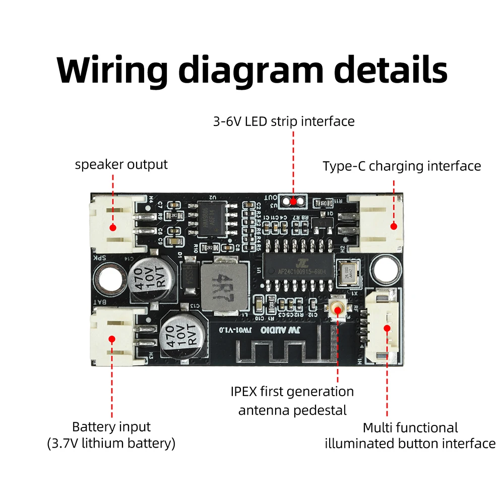 DC 3.7V Mono Bluetooth Power Amplifier Board With TWS Pairing Multi Function Switch LED Strip Output TYPE-C Charging DIY Audio