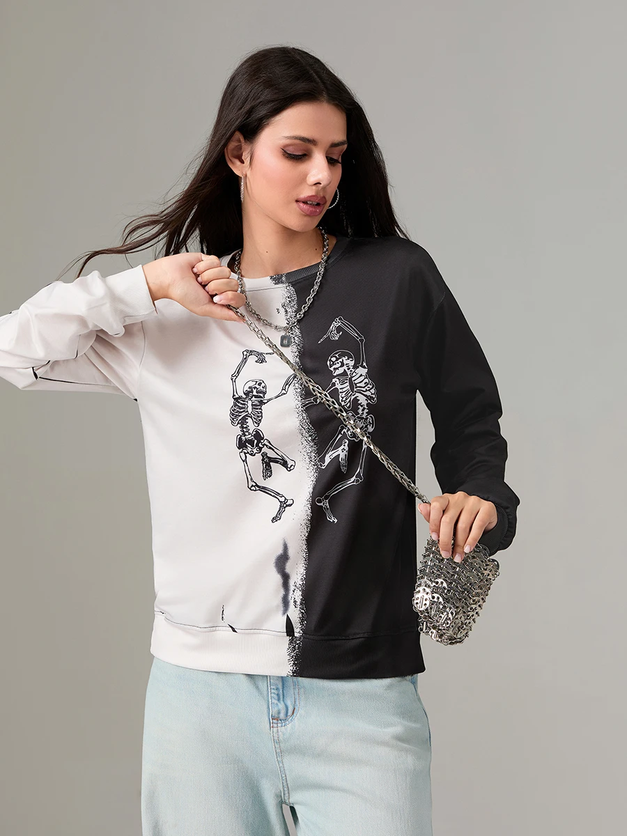 Dames skelet sweatshirt los contrast ronde hals trui met lange mouwen tops casual Halloween streetwear