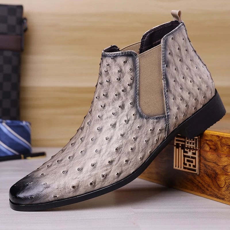 Fashion Brand Men Comfortable Ostrich Leather Patterned Plus Size Chelsea Boot Autumn New Square Toe Business Casual Short Boots