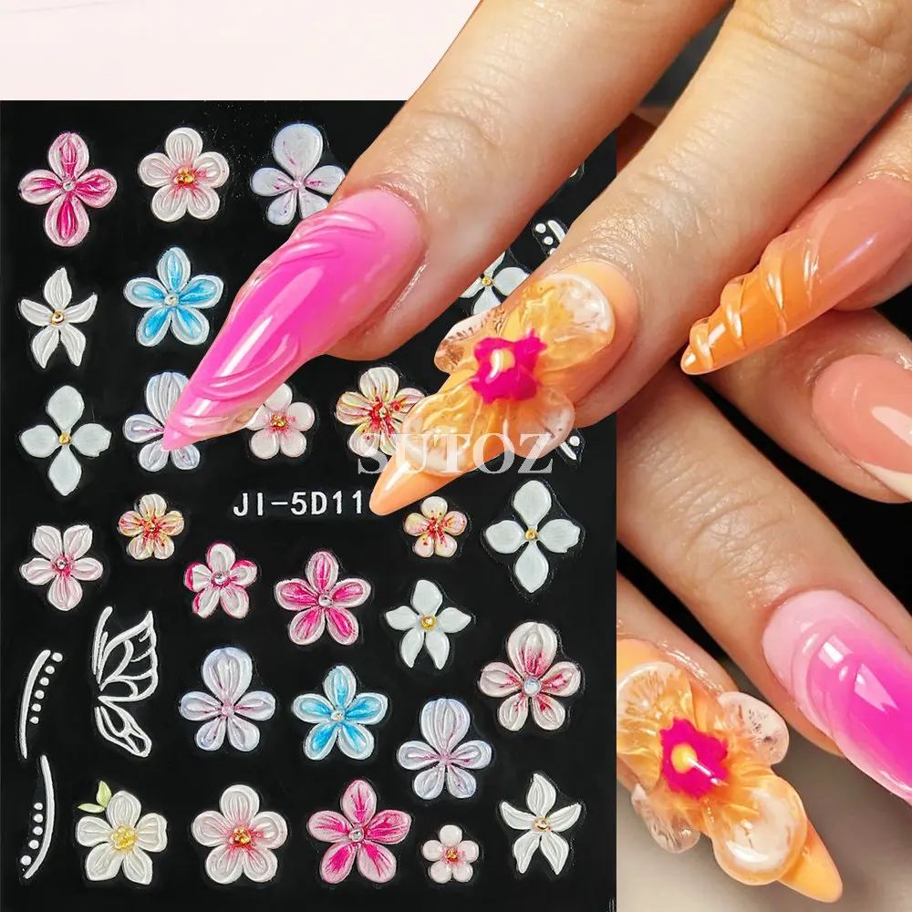 5D Embossed Flowers Nail Stickers Petals Lines Decals Summer Nail Charms Butterflies Relief Sliders DIY Manicure Decor LEBJI-5D