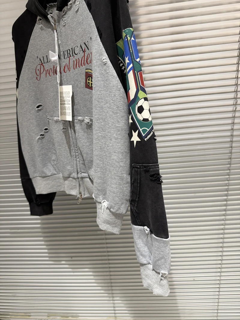 Washed Splice Color Protocol Index Football Print Zipper Hoodie Men Women High Quality Casual Loose Hole Damaged Loose Pullovers