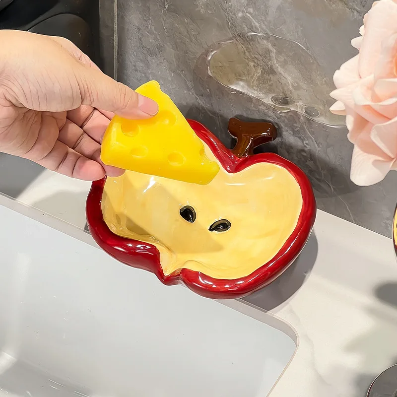 Apple-Shaped Automatic Draining Creative Ceramic Soap Dish, Soap Holder, And Storage Rack for The Bathroom