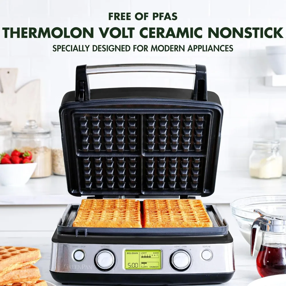 4-Square Belgian & Classic Waffle Iron,Healthy Ceramic Nonstick Aluminum Dishwasher Safe Plates, Adjustable Shade/Crunch Control