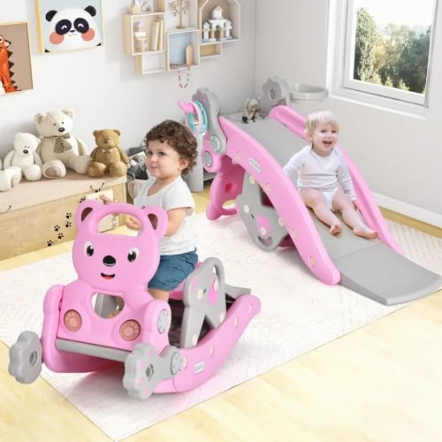5 in 1 Toddler Slide Rocking Toy, Rocking Horse Playset with Slide, Basketball Hoop, Ring Toss Game, Stool and Inflatable Baske