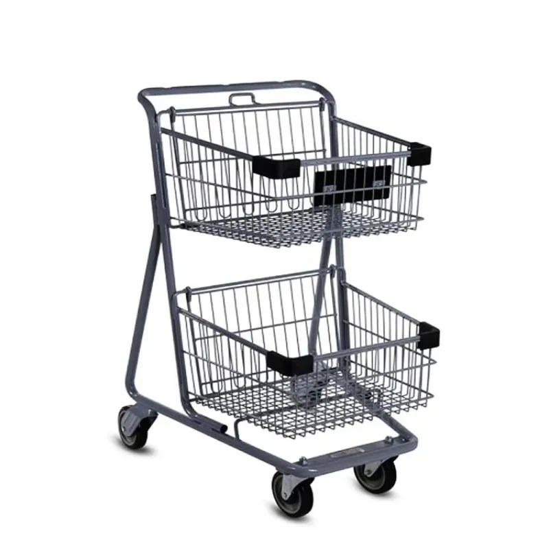 Supermarket convenience store double-decker shopping trolley black sprayed basket carts wheeled trolley with mesh basket