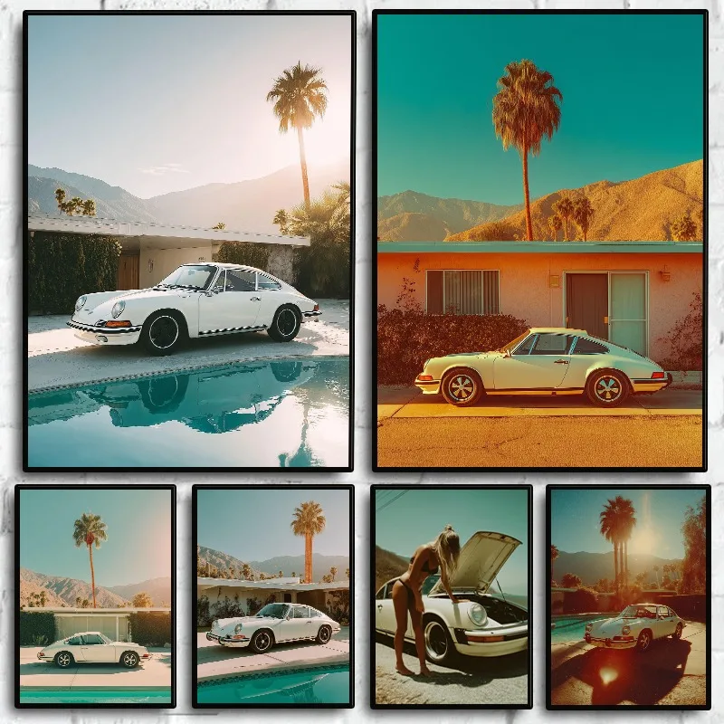 Mid-century Luxury Sports Car Poster Villa and Palm Tree Automotive Photography Canvas Painting Wall Art Living Room Home 