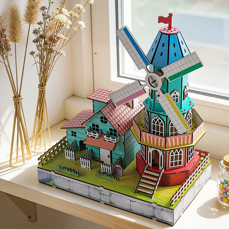 DIY Wooden 3D Puzzle Dutch Windmill House Model, Colorful Spray-Paint European Rural Building Kit, Montessori Educational Toy