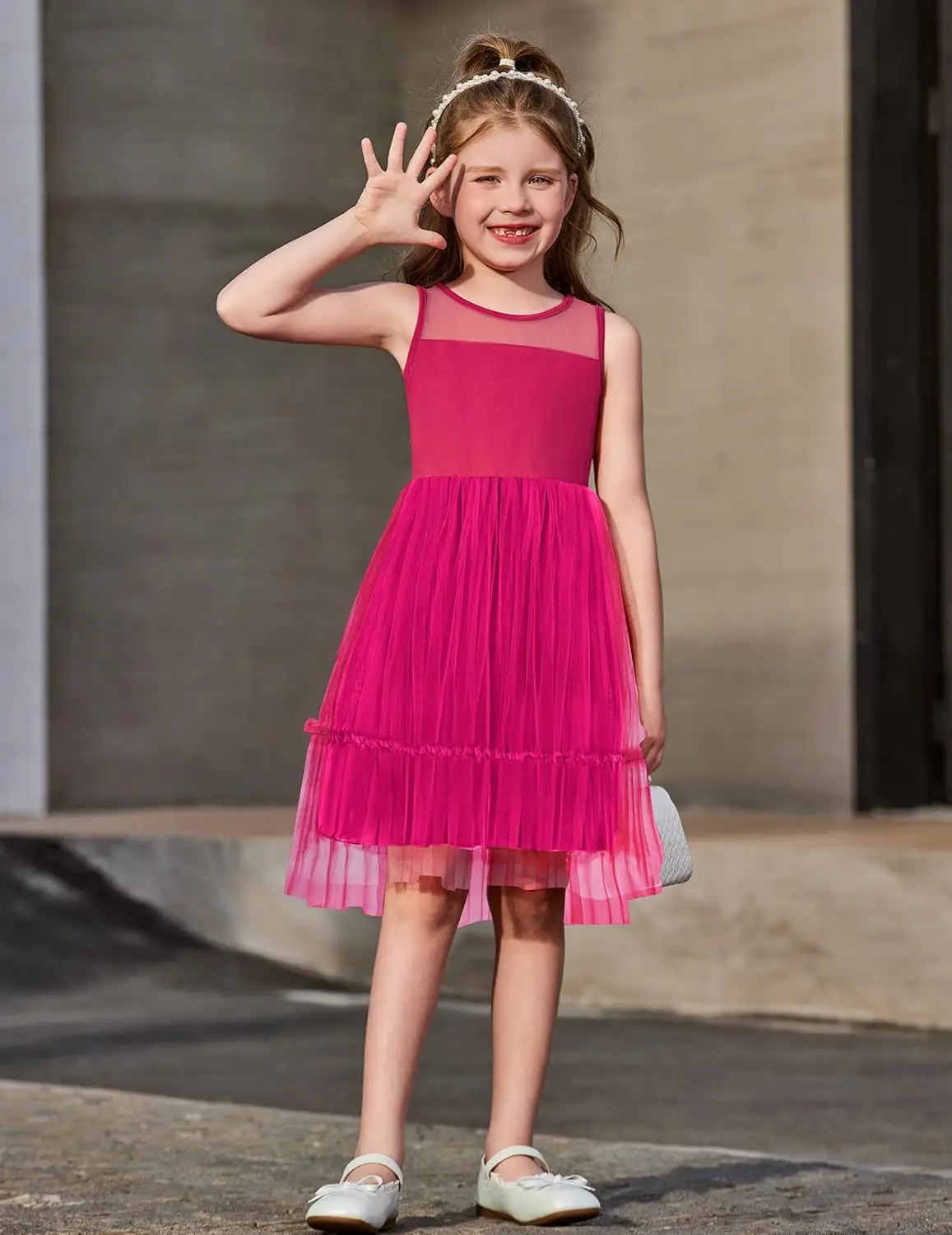 فستان رسمي بدون أكمام للأطفال الصغار، فساتين فتاة الزهور اللامعة من التول اللطيف لحفلات العطلات #5