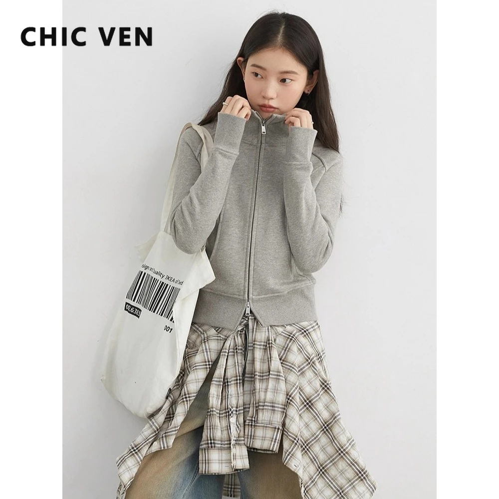 

CHIC VEN новые женские толстовки однотонные ретро тонкие повседневные флисовые свитера с капюшоном пальто толстая теплая двойная молния осень зима 2025