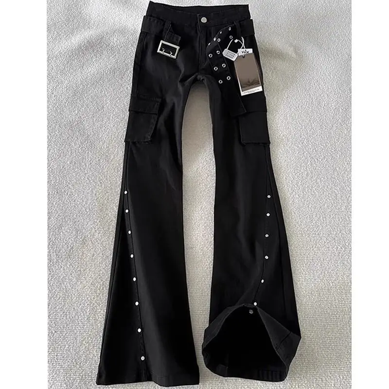 Autumn American Retro Dark Gothic Jeans Women High-street Mid-rise Rivet-decorated Flared Pants Y2K 2000s Aesthetic Cargo Pants