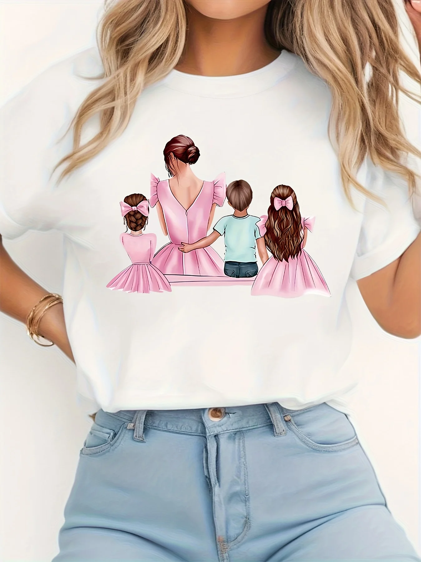 Mother Daughter and Parent Illustration Graphic Print Women's T-shirt Sleeve Crew Neck Casual Summer Spring Women's Clothing