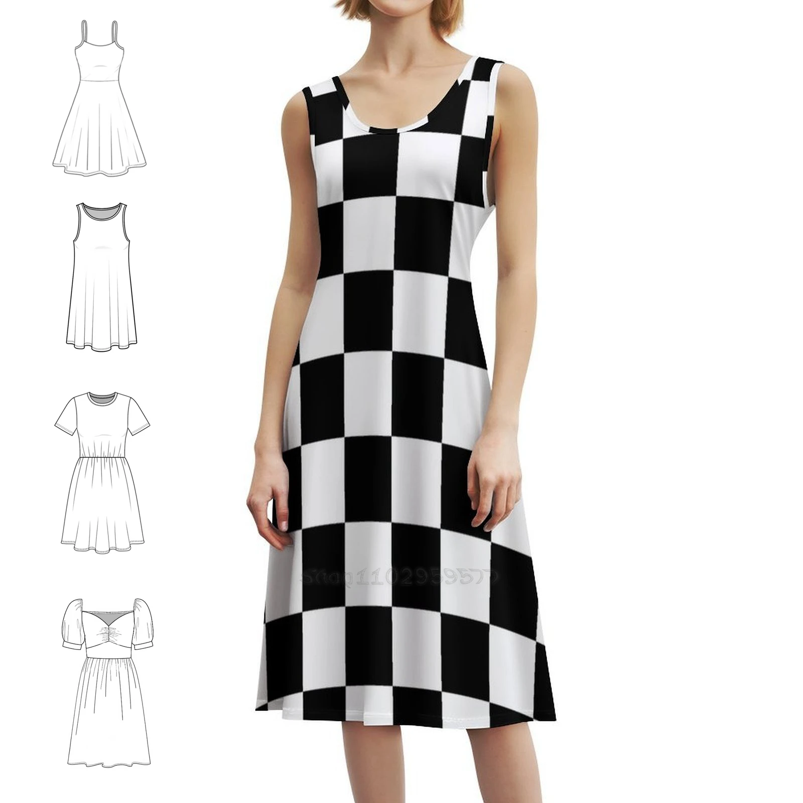 

Клетчатый узор: черно-белое винтажное богемное платье с пышными рукавами или варианты без рукавов для женщин, черное клетчатое платье