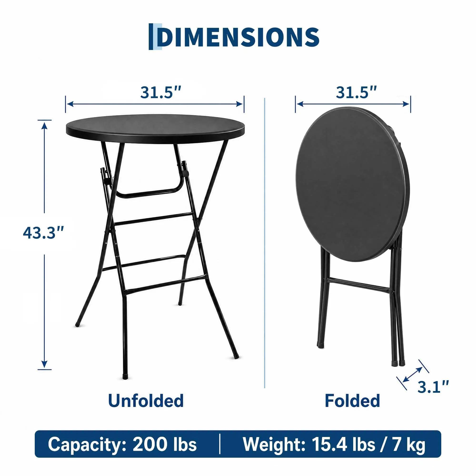 32 Inch Round Folding Cocktail Table, 43.3in Bar Height High Top Bistro Table With Removable Legs, Patio Party Wedding Events