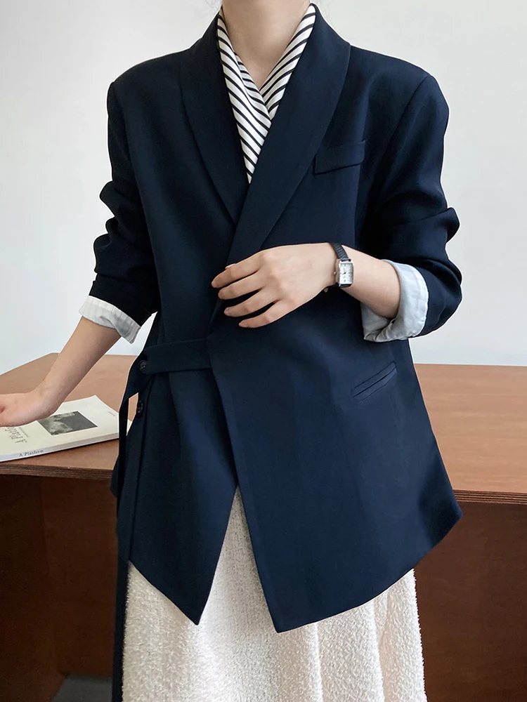 LANMREM Office Lady Blazer For Women Shawl Collar Solid Color Lace-up Gathered Waist Coat 2024 New Casual Clothing 2Z1665