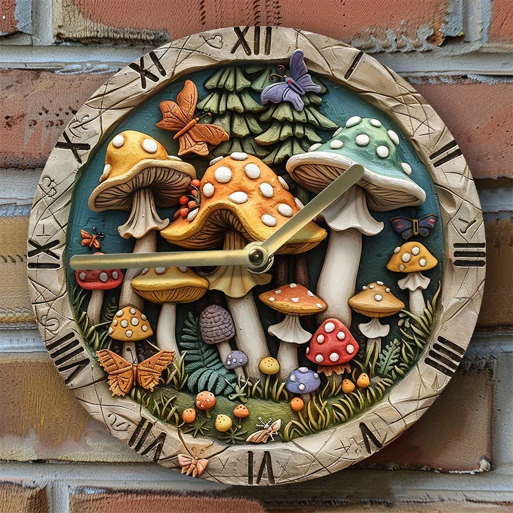 2D Effects Wall Clock - Mushrooms in Forest Theme Decoration - Winter Living Room Decor - Mothers Christmas Decorations