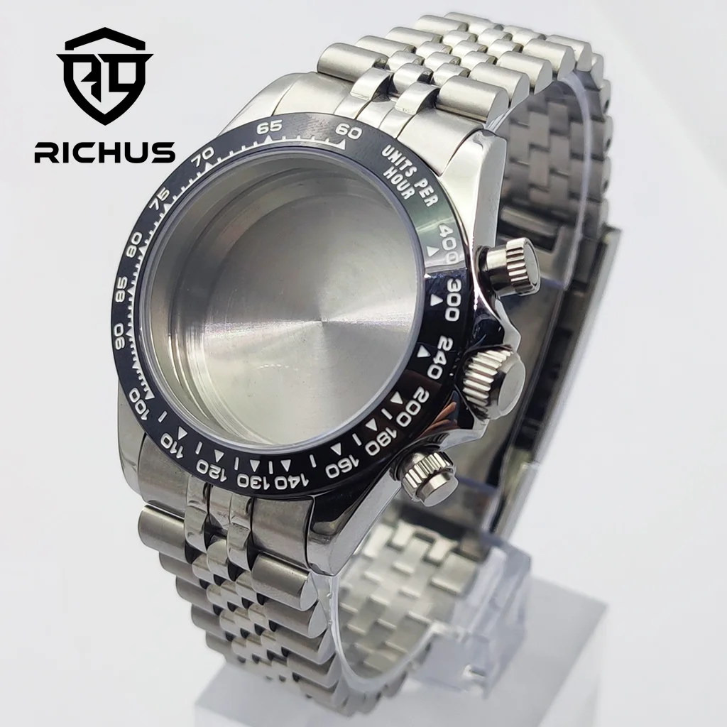 

RICHUS 39mm Silver Watch Case With Strap Mineral Glass Fit VK63 Quartz Movement Watch Accessories
