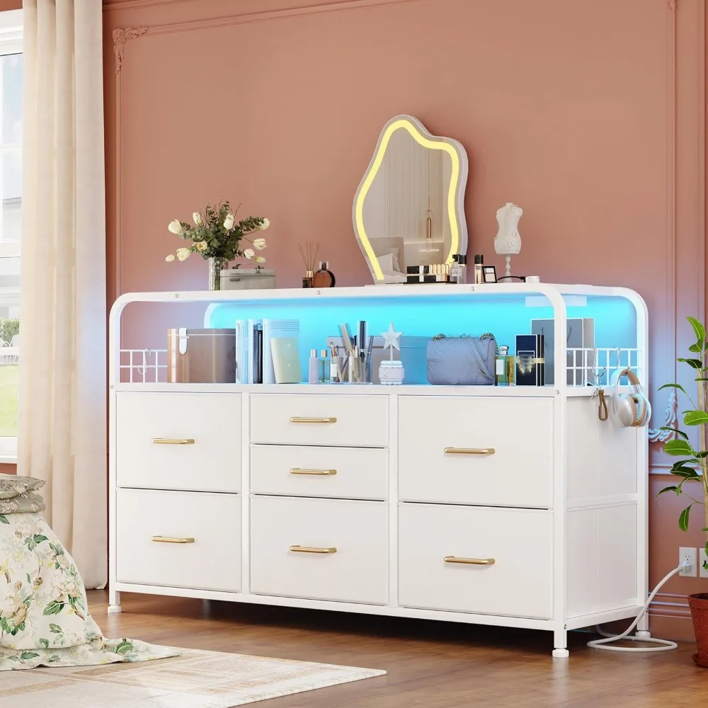 

Dresser for Bedroom with LED Lights & Charging Station, 7 Drawer Dresser with Open Shelf, Fabric Bedroom Dressers