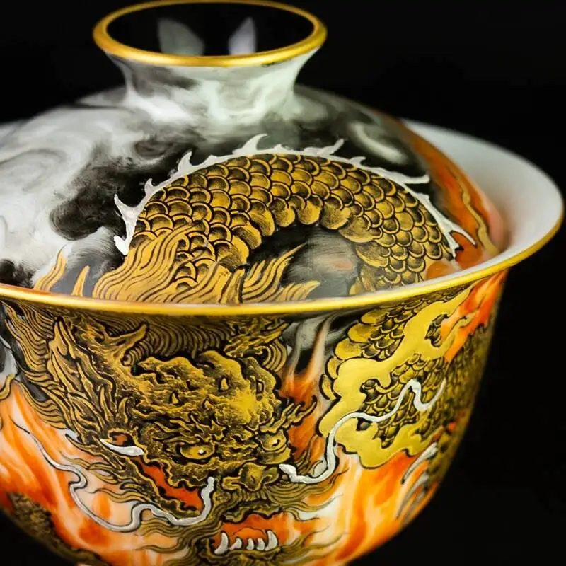 Sacred Mountain Jingdezhen Pastel Gold Dragon Flame Set Cup Hand-Painted Ceramic Tea Brewing Gaiwan
