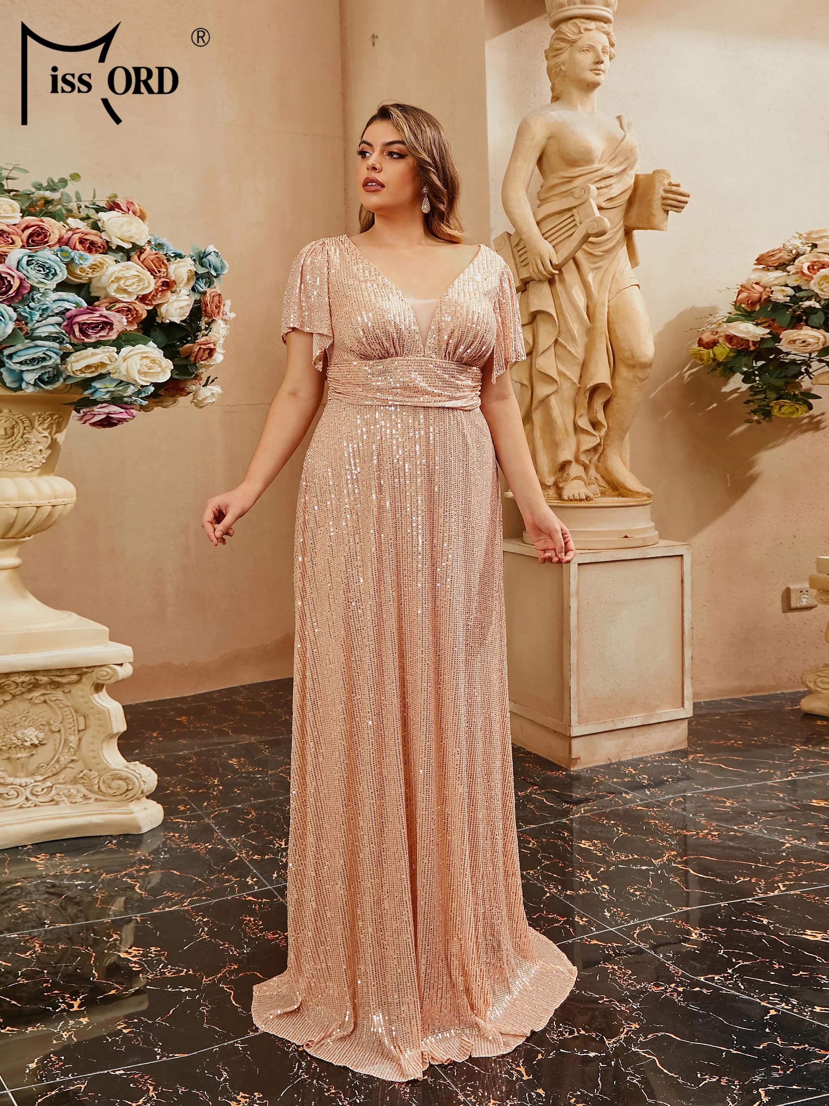 Missord Plus Size Apricot V-Neck Mermaid A-line Short Sleeve Evening Dress