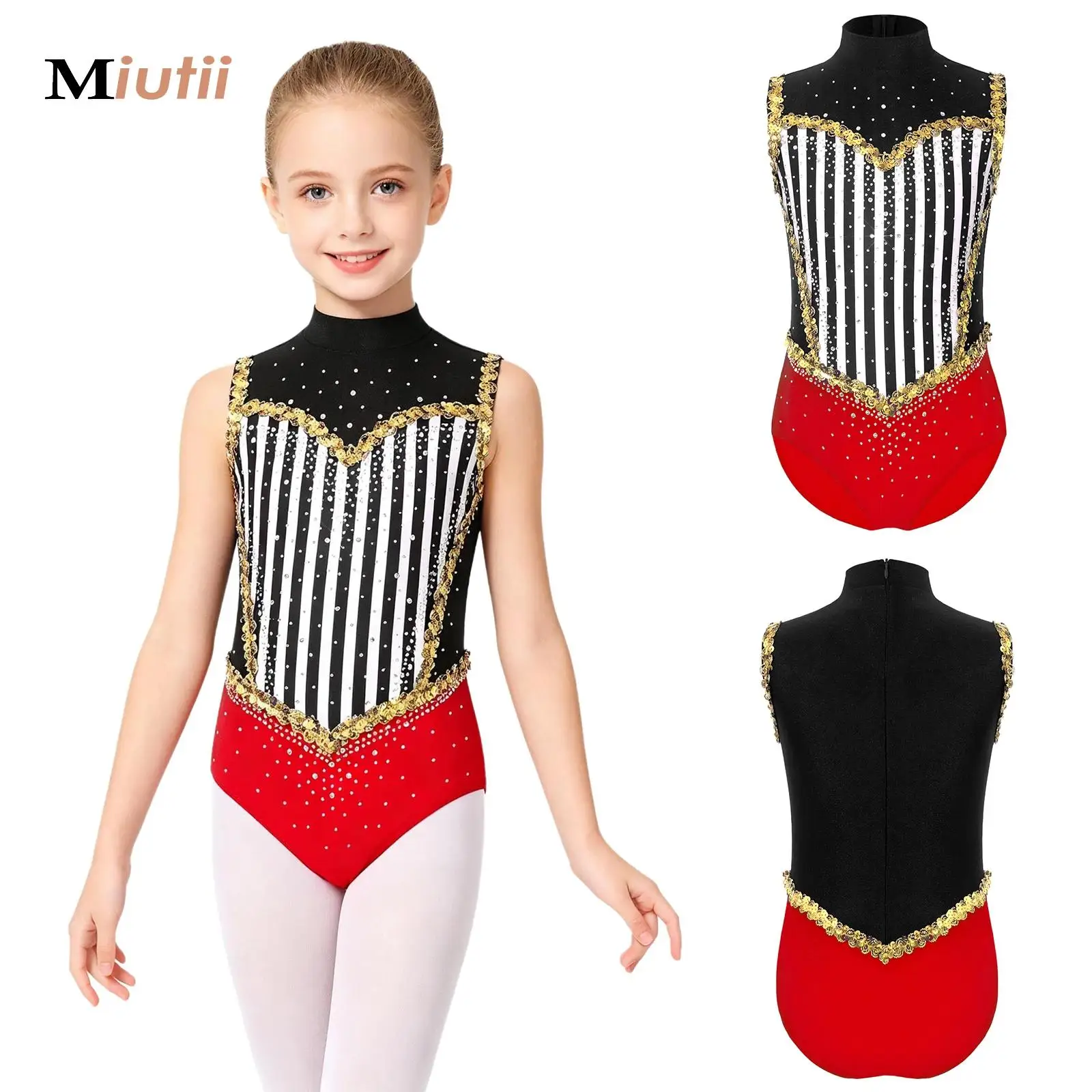 Maillot de Gimnasia para Niñas, Traje de Ballet con Lentejuelas Brillantes y Rayas, Maillot con Bloques de Color, Body para Actuaciones de Bailarina