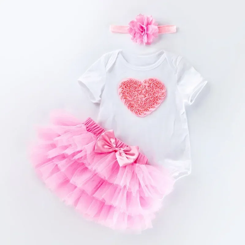 Newborn Clothes Set Romper + Skirts Heart Bow One Year Baby Girl Birthday Dress First 1st Baby Party Dress Infant Party Clothing