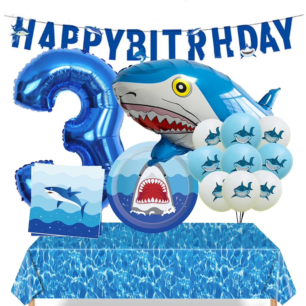 Shark Foil Balloons Happy Birthday Decoration Banner Plate 32inch Number Ballon Kids Shark Sea Theme 3th Birthday Party Supplies