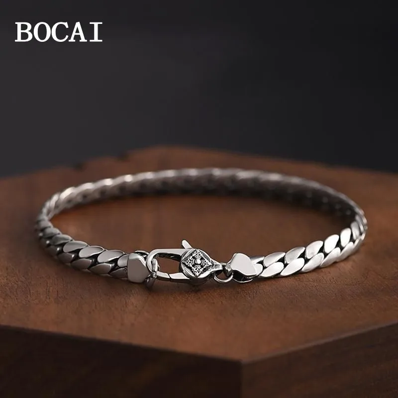 BOCAI New S925 Sterling Silver Trendy Simple Elegant Hand Woven Diamond Pestle Button 5mm Cuban Bracelet Men Gift