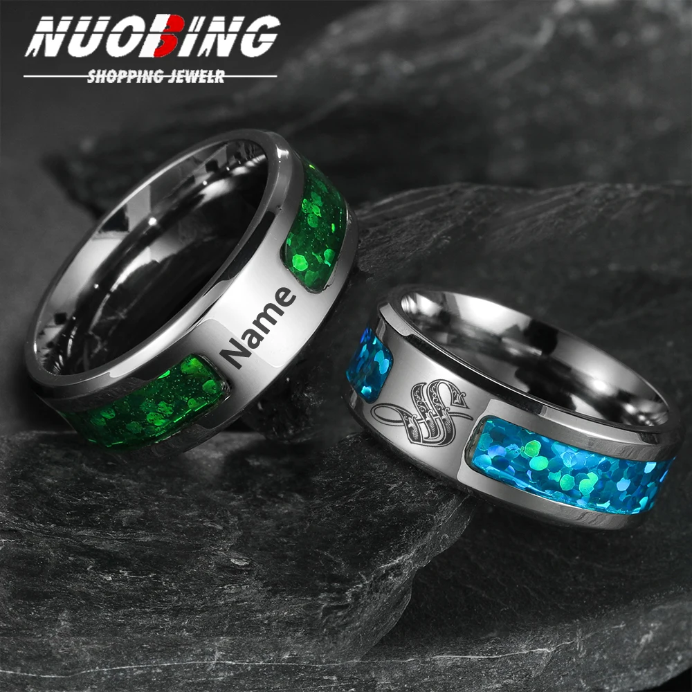 Customize Logo 8mm Men's Ring Carbon Fiber Wedding Band Personalized Simple Inlay Abalone Shell Blue Opal Jewelry Gift