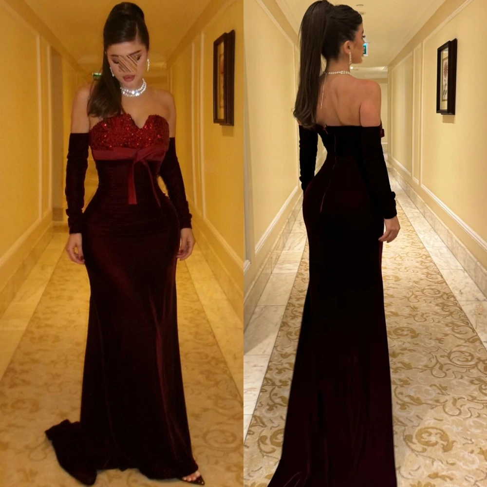 

Customized Elegant Long Sleeves Evening Dress Classic Sweep Train Prom Dresses Fashion Sweetheart Velour Special Occasion Gowns