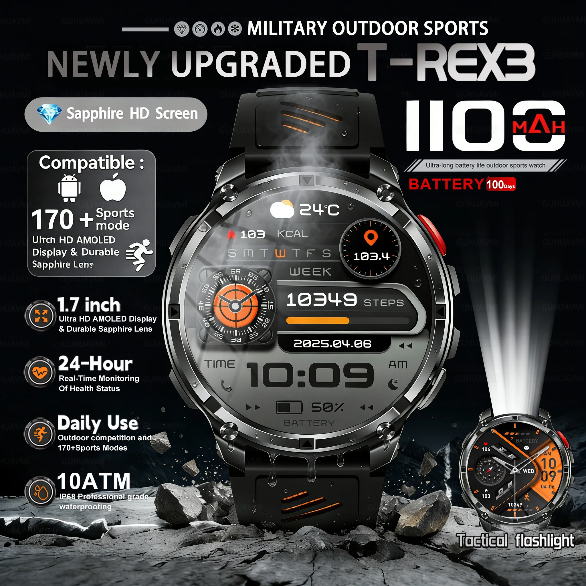 T-REX 3 reloj inteligente militar para hombres, batería Ultra duradera de 1100mAh, reloj inteligente resistente al agua 10ATM, llamada HD, más de 170 modos deportivos, linterna LED
