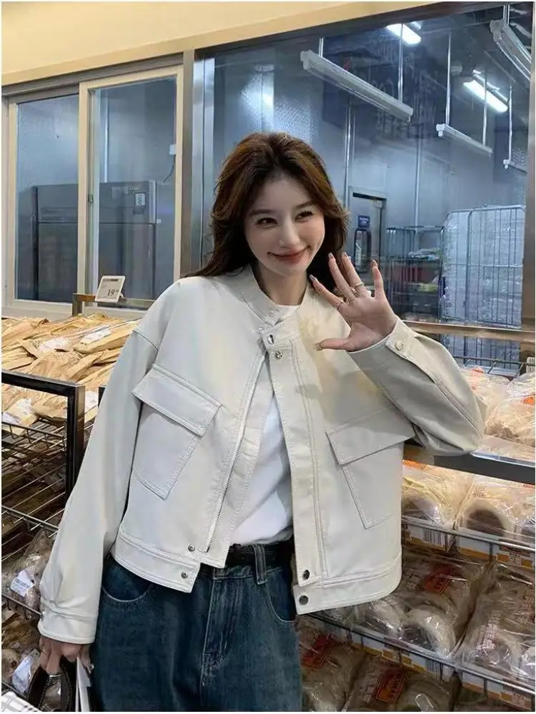 

Осень-зима бежевая кожаная офисная женская короткая куртка корейская женская мода праздничная универсальная куртка на молнии с длинными рукавами из искусственной кожи популярное