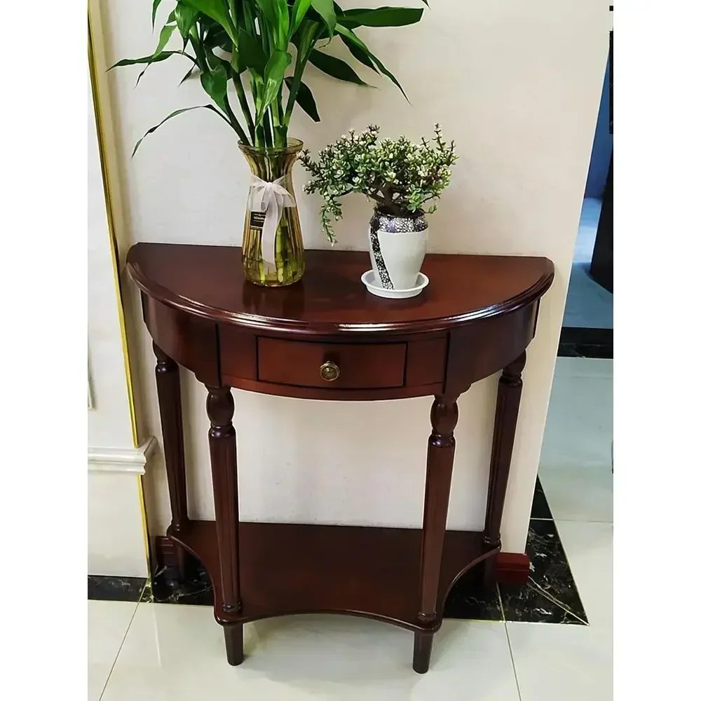 Elegant Vintage Half-Moon Walnut-Tone Solid Wood Entryway Sofa or Living Room Table (39.4L x 15.7W x 34.4H)