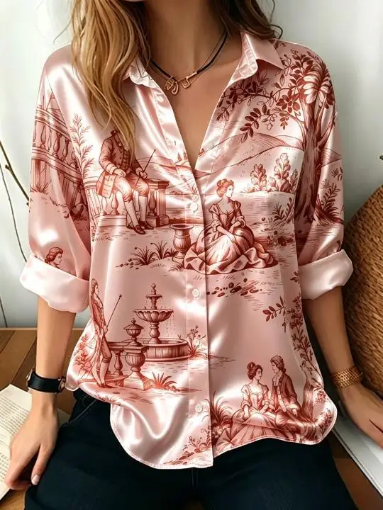 Women Vintage Garden Figure Leaf Print Lapel Collar Long Sleeve Shirt Loose Button Down Casual Office Blouse Tops