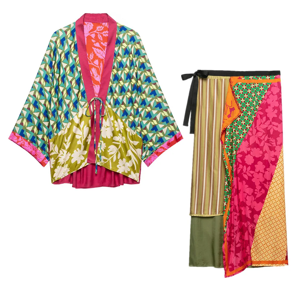 2 pieces 1 Set Autumn Contrast Color Geometric Print Bow Long Bat Sleeve Kimono Cardigan + Tie Bow Waist Asymmetry Skirts Suits view 2