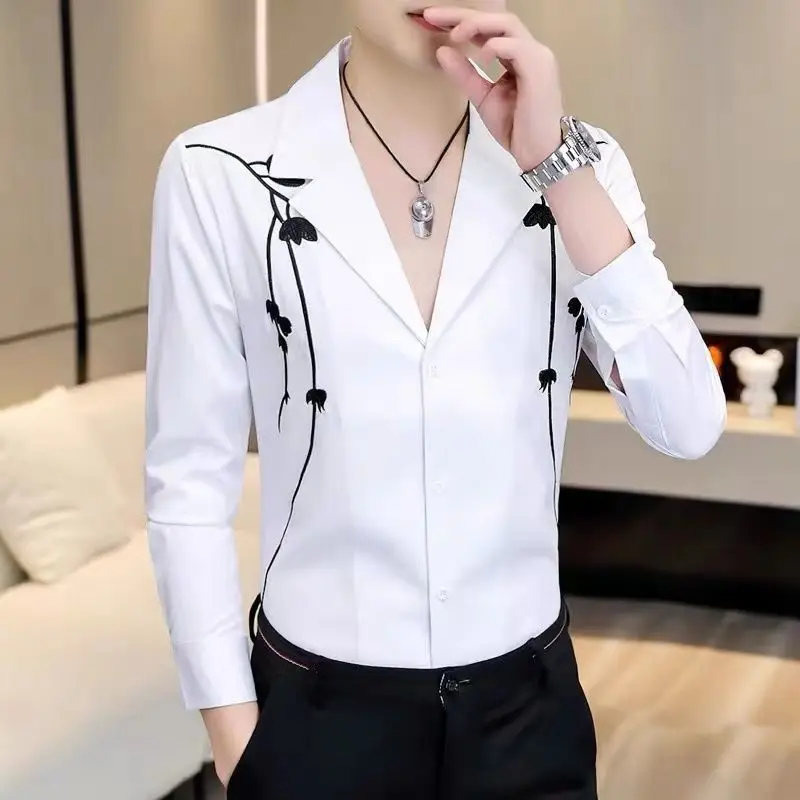 

Spring Men's Social Shirt Slim Business Dress Embroidery Shirts Male Long Sleeve Casual Formal Elegant Shirt Blouses Tops B02