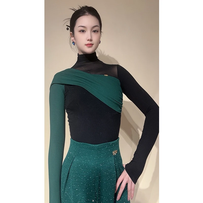 2025 Latin Ballroom Dans Tops Vrouwen Hoge Kraag Lange Mouwen Maillots Volwassen Rumba Wals Dans Kleding Club Dancewear BL 15766