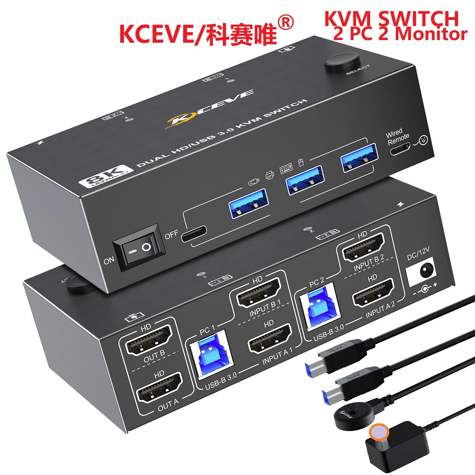 

KCEVE двойной монитор KVM переключатель 2 порта 8K @ 60 Гц 4K @ 144 Гц HDMI + DP USB 3,0 Выдвижной Дисплей 2 монитора 2 компьютера