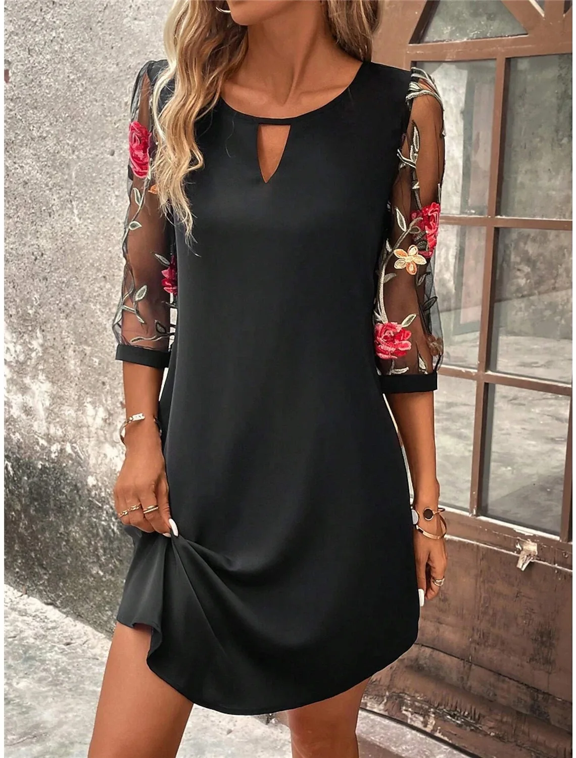 Vestido Elegante Dama Summer Lace Splicing Dress Women's Elegant Beach Resort Three-quarter Sleeve Loose Round Neck Short Skirt