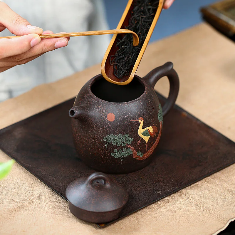 Handcrafted 350ML Black Galaxy Yixing Clay Teapot with Hand Painted Crane Pattern Health & Longevity Symbolism for 2-5 People