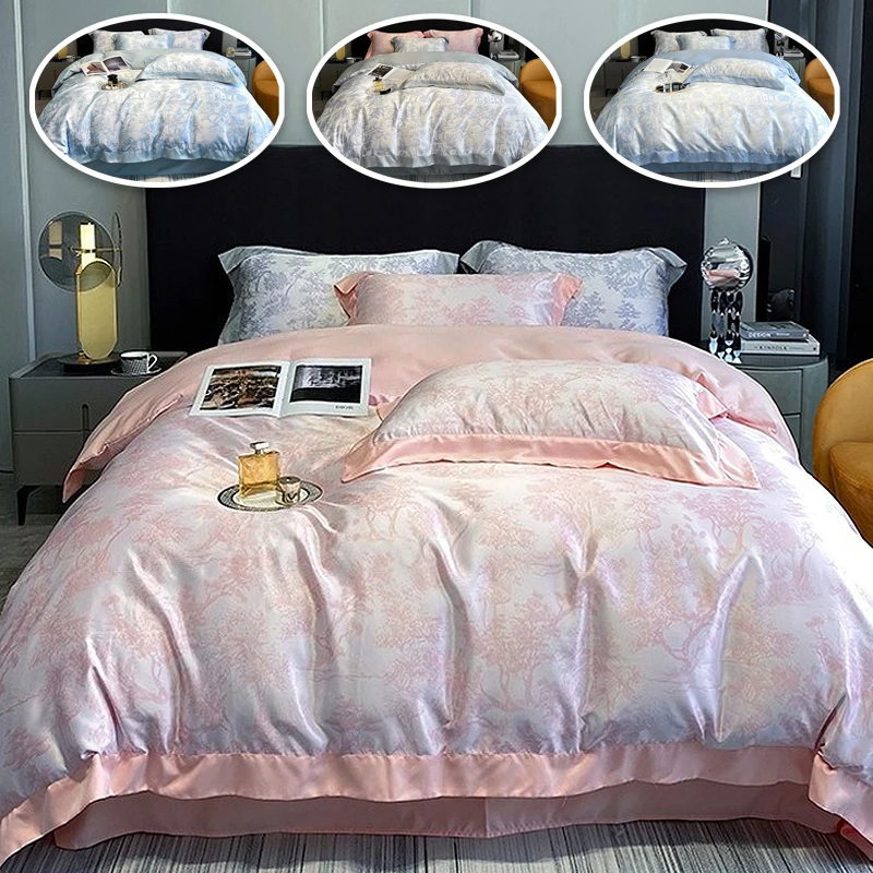 4PCSLuxury Natural Silk Bedding Set High-End Soft Silky Satin Quilt Cover Set Single Double Queen King Size Printing Duvet Cover