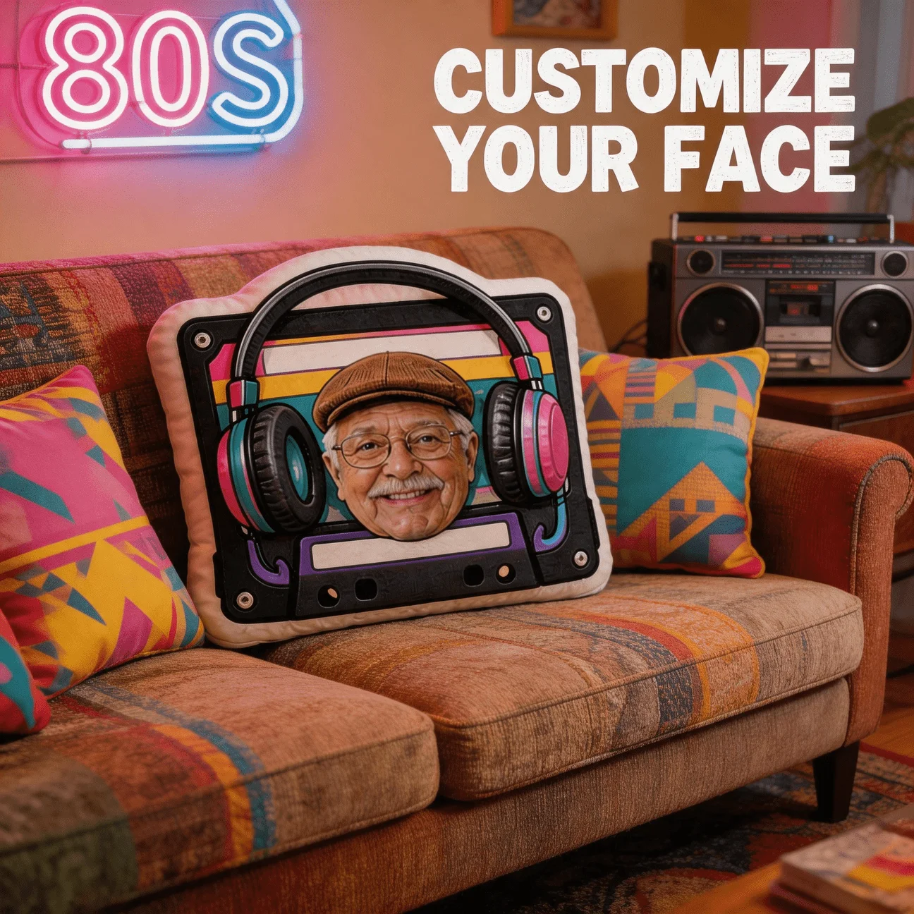 Personalized Boombox Photo Pillow with Custom Face & Headphones/Cap Design - Retro Music Cushion Suitable for Sofa,, Unique Gift