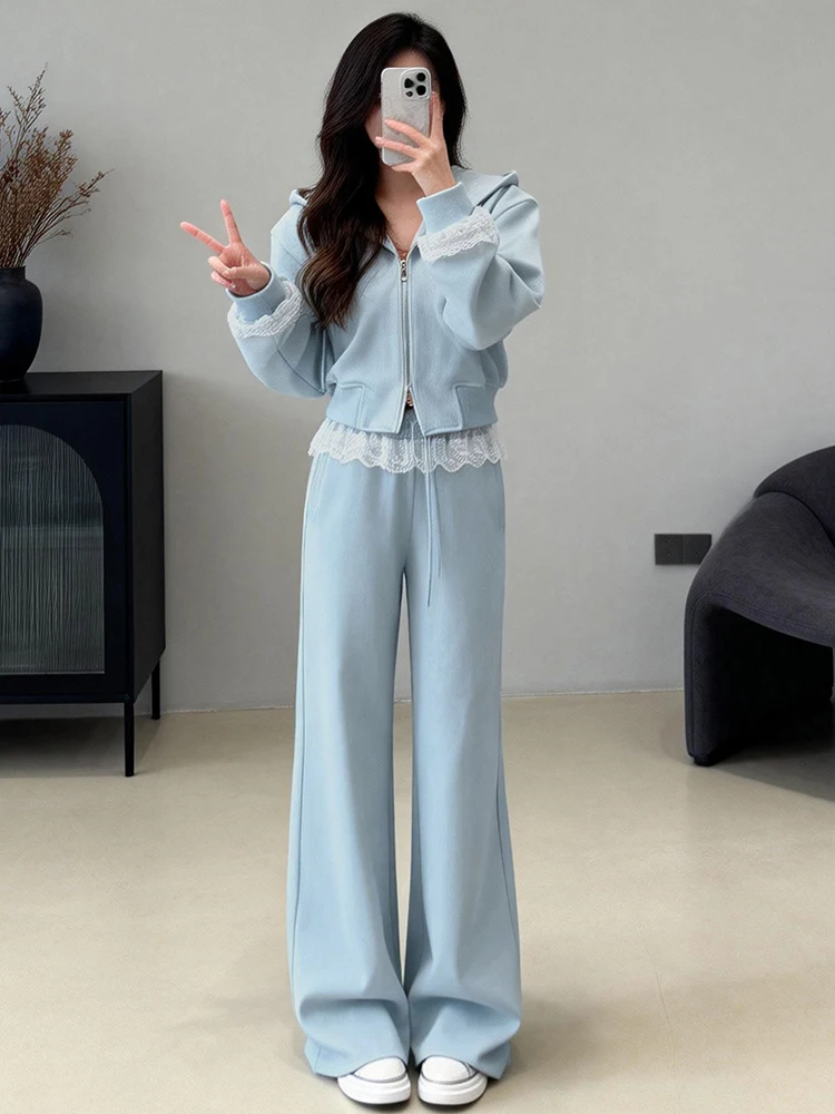 

Faionable Lace Jaet And Wide Leg Pants Set Women's Spring 2026 New Arrival Patchwork Sli Casual Sport Suit Cotton Blend