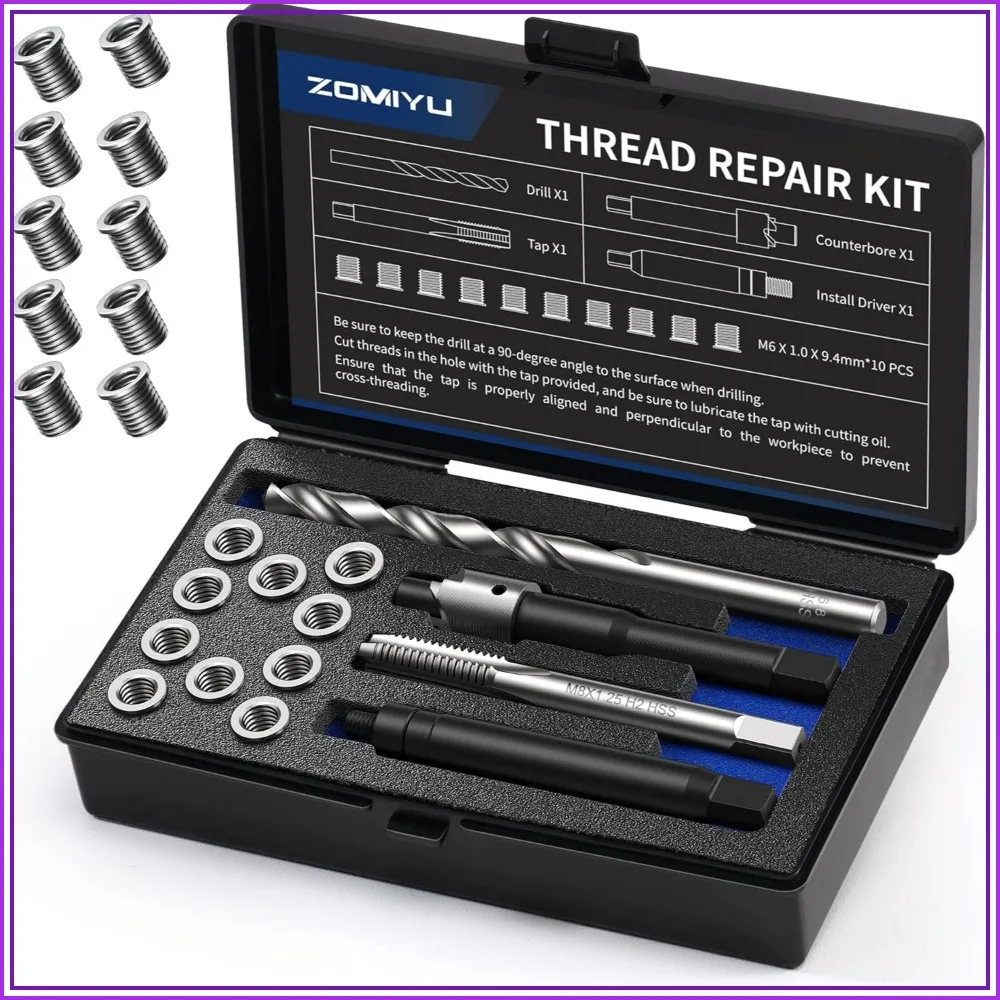 

M6 x 1.0 Metric Thread Repair Kit - 10pcs 304 Stainless Steel Inserts, HSS Drill Bit, Tap & Driver