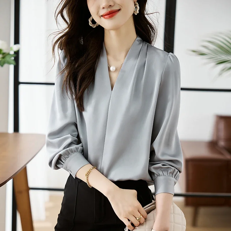 Office Lady V-Neck White Chiffon Long Sleeve Blouse Women Blouse Shirt Women Tops Blouses Blusa Blusas Mujer De Moda 2024 G794