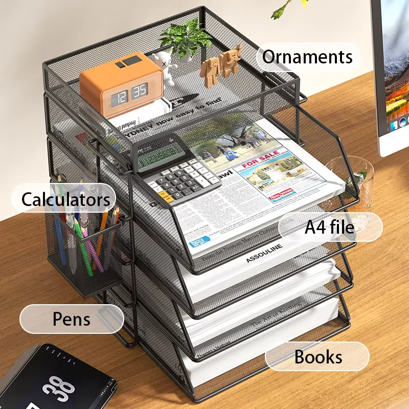 Large Capacity Desk File Organizer Rack, A4 Paper Holder Stand for Office Supplies, Books & Pens Storage Tray